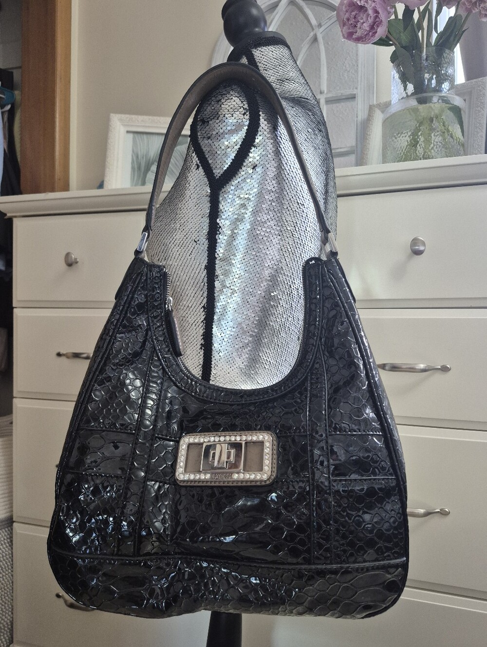 Vintage GUESS Larissa Y2K Black Patent Faux Leather Crocodile Shoulder Bag Boho